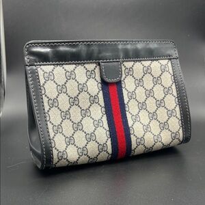 Gucci Monogram GG Supreme Canvas Pouch Clutch Navy Beige & Red Blue Racer Stripe